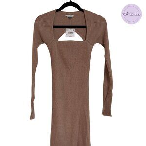 AEO Beige Long Sleeve Ribbed Midi Dress